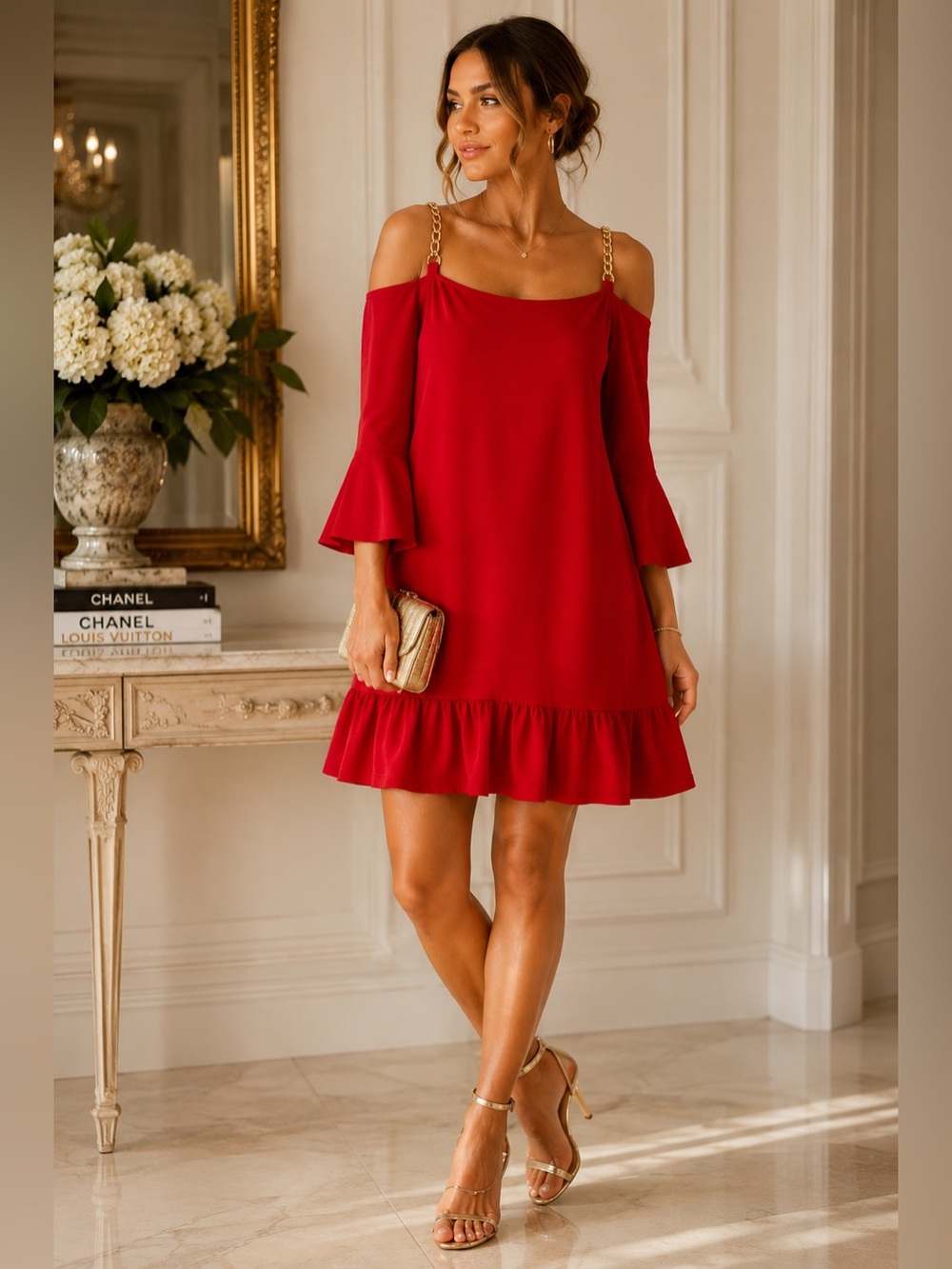 MICHAEL Michael Kors Gold Chain Off Shoulder Bell Sleeve Ruffle Dress Small